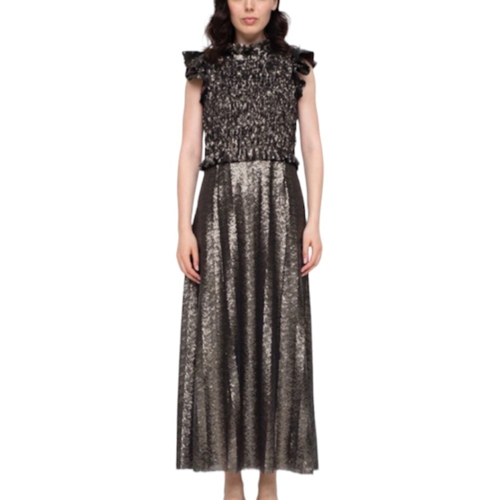 Sea New York- Rachelle Bronze Sequin Ruffle Sleeveless Maxi Dress